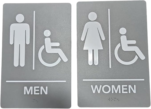 USA Made - Men's and Women's Restroom Signs ADA-Compliant Bathroom Door Signs for Offices, Businesses, and Restaurants, Black, Blue, Grey and Taupe/Tan Colors (Grey Handicap)