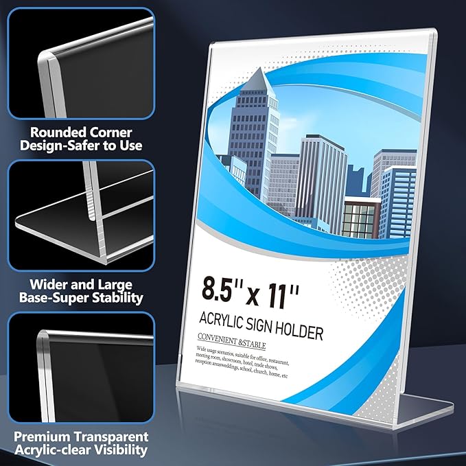 Eocnrhe Acrylic Sign Holder 8.5 x 11 10 Pack, Double-Sided Clear Sign Holder Plastic Stands for Display, Table Sign Stands, L Shape Flyer Holder