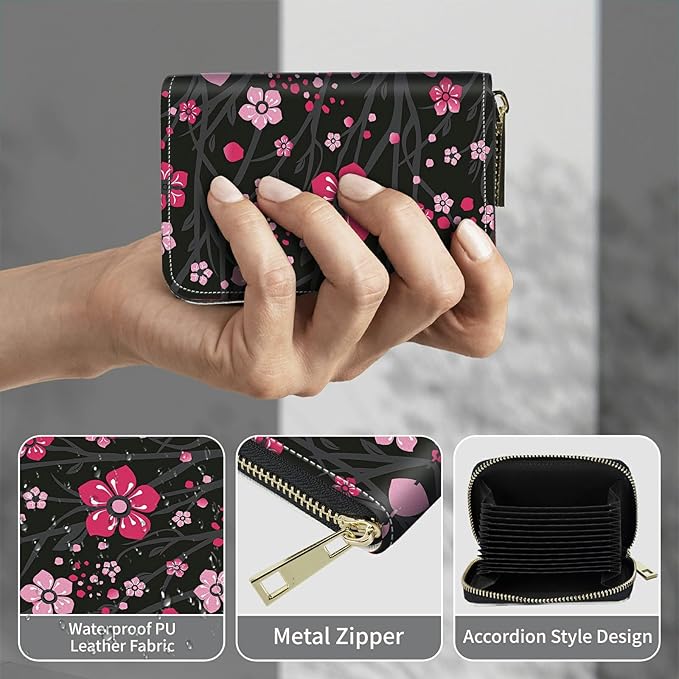 BWEGRHE Cute Credit Card Holder with Zipper, Pink Cherry Blossom RFID-Blocking Card Case Small Wallet for Women Men, Multi-slot Card Organizer Case Travel Accordion Wallet