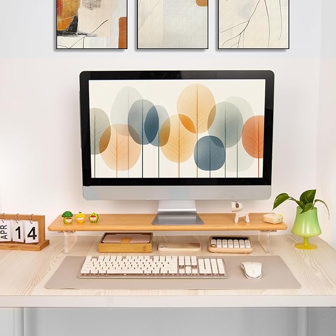 ROCDEER Bamboo Monitor Stand Riser with Acrylic Legs for Desk, 31.5 Inches Desktop Shelf Supports for PC Computer Monitor, Laptops, Printer, Speakers (Natural)