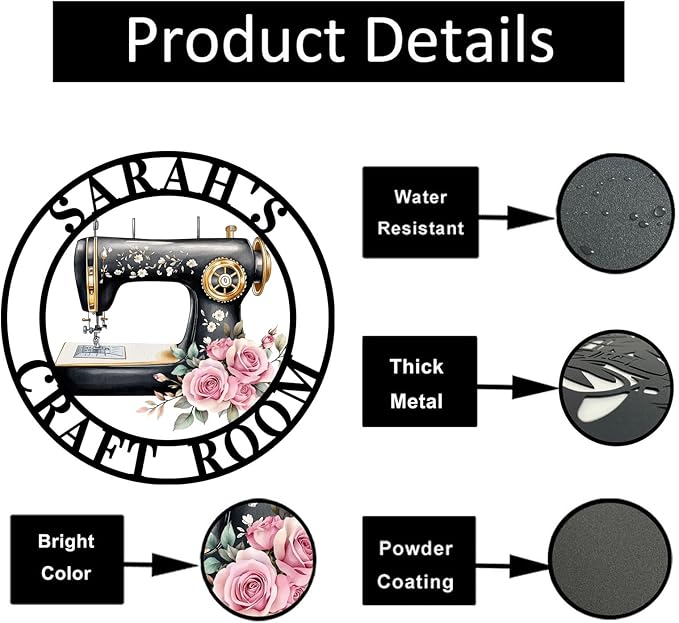 Custom Sewing Machine Metal Sign, Personalized Name Flowers Sewing Sign for Sewing Room Craft Room Decor Sign Sewing Metal Wall Art, Customized Sewing Family Name Sign for Mom Grandma