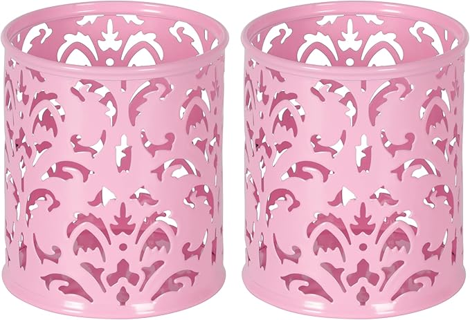 EasyPAG Pink Pen Holder for Desk, 2 Pack Round Pen Organizer, Brush Holder for Vanity, Metal Pencil Cup Organizer for Home, Office, Classroom, School