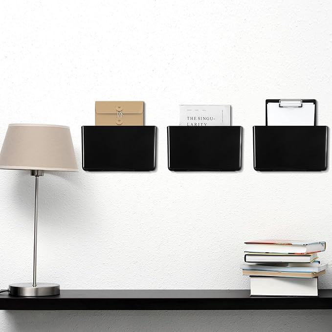 Tenceur 12 Pcs Plastic Single Pocket Wall Mount File Holder with Double Sided Adhesive Tape and Screws Wall File Hanging Folder Letter Paper Mail Organizer for Office Home Classroom(Black)