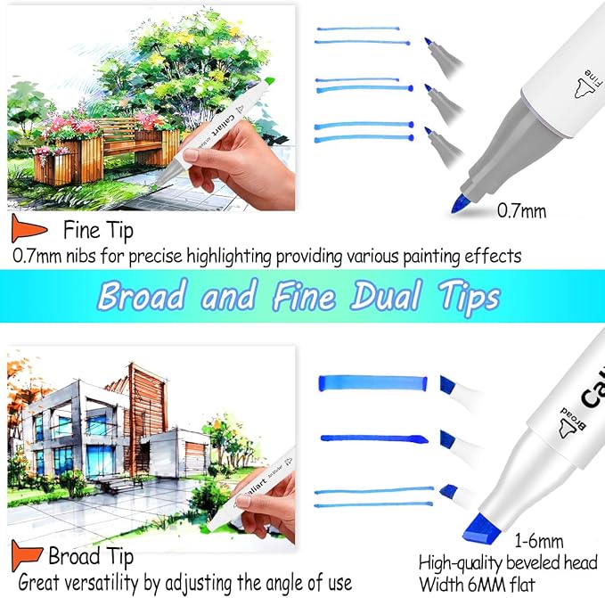 Caliart 121 Colors Alcohol Based Markers, Dual Tip Art Marker Set Chisel & Fine, Permanent Colored Pens for Adults Coloring Book Artists Sketch Illustration Drawing Supplies Gifts
