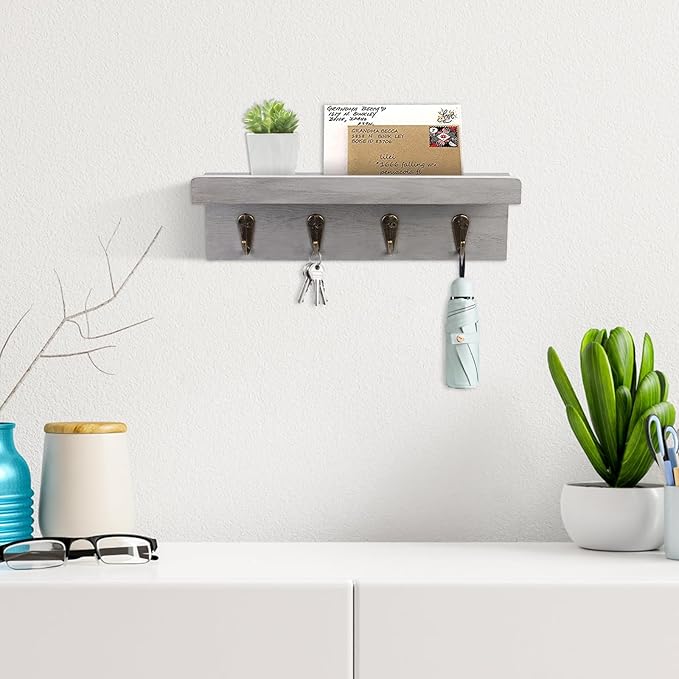 HRONRAD Rustic Key Holder for Wall, Farmhouse Wall Shelf with 4 Hooks, Wall Mounted Key Racks, Wooden Mail Organizer with Hooks for Entryway (Grey)