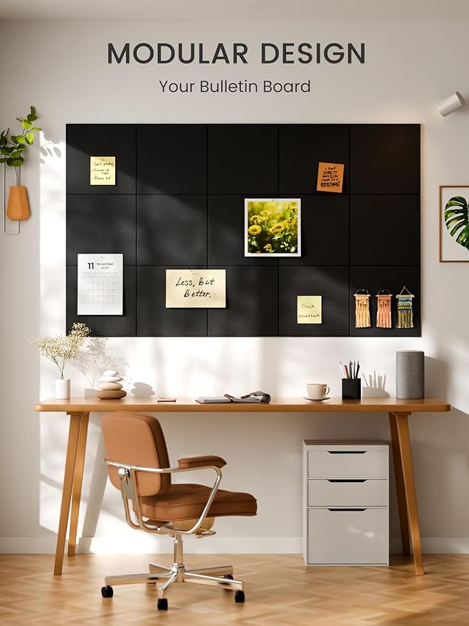 Bumusty Large Cork Board 47"x35" Alternative - 12 Pack Felt Wall Tiles with 70 Safe Removable Adhesive Tabs, 30 Pushpins, Cork Boards for Walls Pin Board Bulletin Board Office Decor (Black)