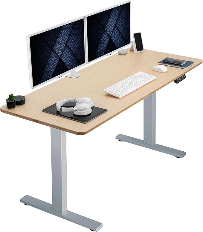 VIVO Electric 60 x 24 in Real Bamboo Standing Desk, Memory Height Adjustment, 1B Series, Holds 220 lbs, One-Piece Top, Gray Frame, DESK-KIT-1G6O