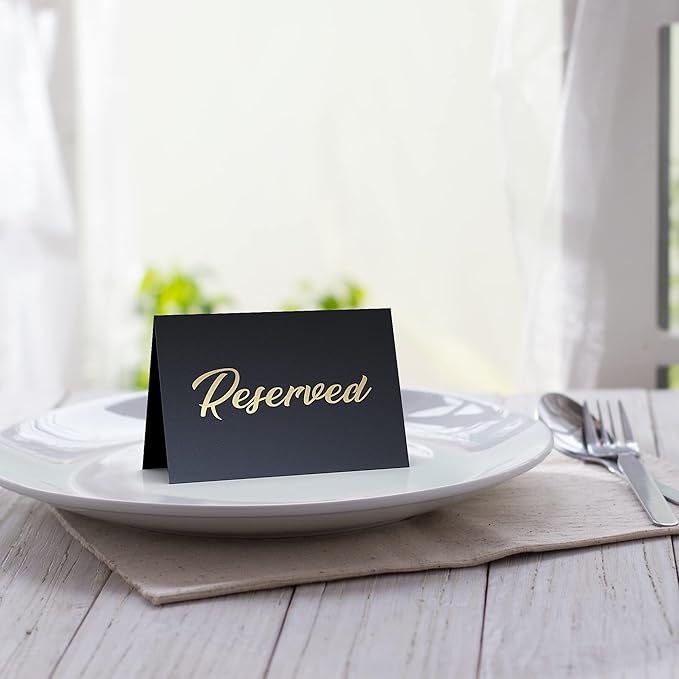 10 Pack Black Reserved Table Signs for Wedding 3x4 Cardstock Reserved Seating Signs for Weddings Restaurant - Double Sided Reserved Signs for Tables - Table Tent Reservation Cards With Gold Letters
