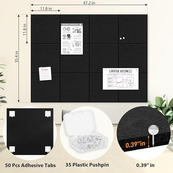 Smarpau Large Cork Board for Walls, 12 Pack Square Bulletin Board, 48"x36" Pin Board with Pushpins Removable Security Stickers, Felt Wall Tiles for Office Home Decoration-Black