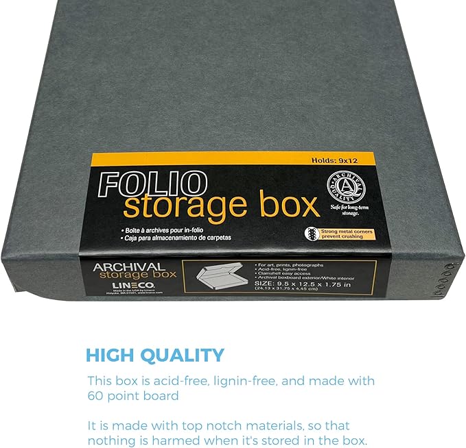 Lineco, 9x12 Gray Clamshell Archival Folio Storage Box, 1.75 Depth, Acid-Free, with Metal Edge, Preserves Picture Longevity, Store Photos Documents