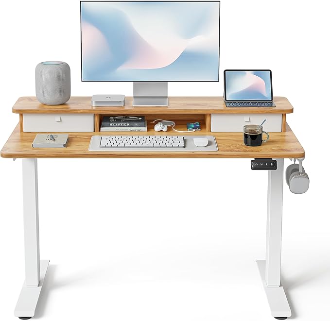 FEZIBO 40 x 24 Inch Height Adjustable Electric Standing Desk with Double Drawer, Stand up Home Office Computer Desk with 4 Height-Adjustable Feets & 2 Hooks, Light Rustic