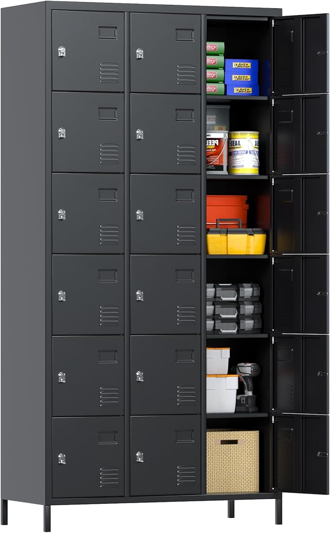 SUPEER Metal Lockers for Employees with 18 Doors, Metal Locker with Lock for School Garage Office Gym Home,Assembly Required,Black