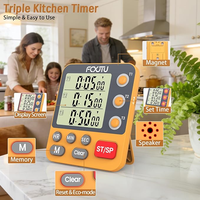 FCXJTU Digital Dual Triple Kitchen Timer, 3-Channel Magnetic Countdown Timer for Cooking, Large Display Stopwatch Multi Food Classroom Timer Loud Alarm for Seniors Teachers Battery Included (Orange)