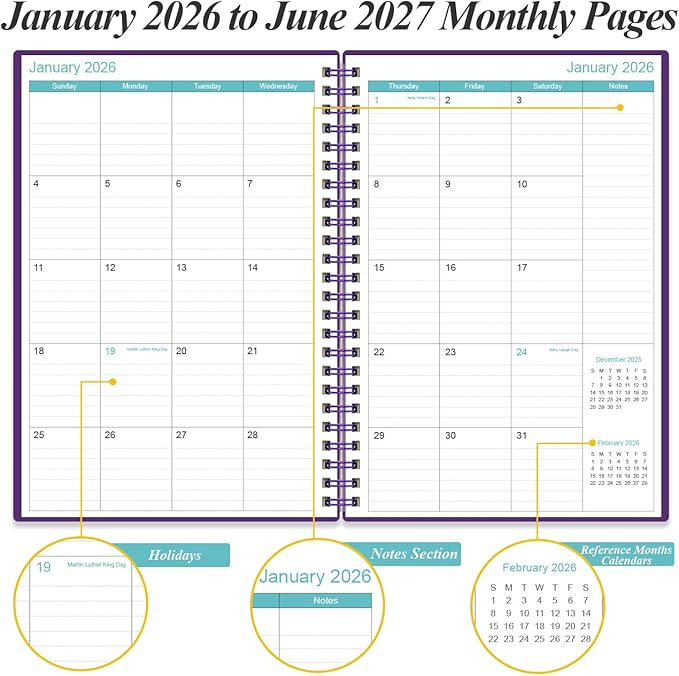 2026-2027 Planner - 18 Months Weekly & Monthly Planner from January 2026 - June 2027, Spiral Planners 2026-2027 with Elastic Closure, Inner Pocket, Medium 5.8" x 8.3", Purple