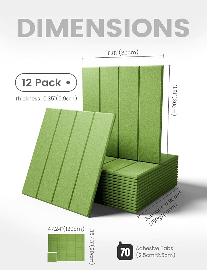 Fluxynara Felt Bulletin Board Tiles Large 48" x 36" Cork Board Alternative-12 Pack with 70 Adhesive Tabs, Thick Slat Wall Panels for Office Decor, Push Pin Board Wall Organizer Alternative-Kelly Green