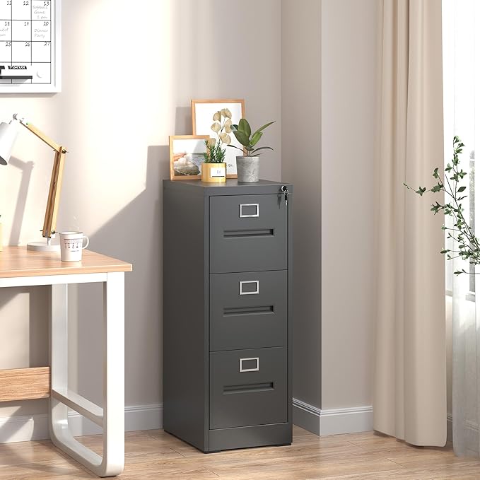 Yukimo 3 Drawer File Cabinet, Vertical File Cabinet with Lock, Metal Locking Filing Storage Cabinet for Home Office, Hanging Files for A4/ Legal/Letter, Assembly Required, Black