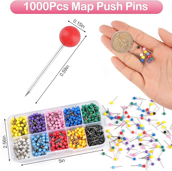 1000 Pcs Multi-Color Push Pins, Map Pins for Travel Map, 1/8" Small Map Tacks with Plastic Beads Head for Cork Board, World Map Pin Board, Bulletin Board, Fabric Marking, Craft, Office
