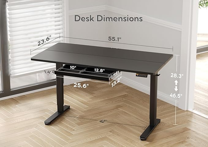 Claiks Standing Desk with Drawers, 55x24 Inch Electric Adjustable Height Stand Up Desk Computer Workstation, Black