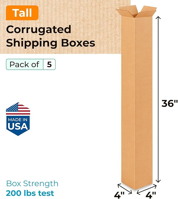 Tall Moving & Shipping Boxes 4 x 4 x 36 inches (5-Pack) - Extra Strength 200 lb vs Regular - Corrugated Strong Packing Boxes for Moving - Cardboard Box for Delivery by IDL Packaging
