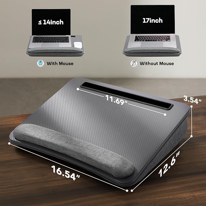 HUANUO Lap Laptop Desk - Portable Lap Desk with Pillow Cushion, Fits up to 15.6 inch Laptop, with Anti-Slip Strip & Storage Function for Home Office Students Use as Computer Laptop Stand - Grey
