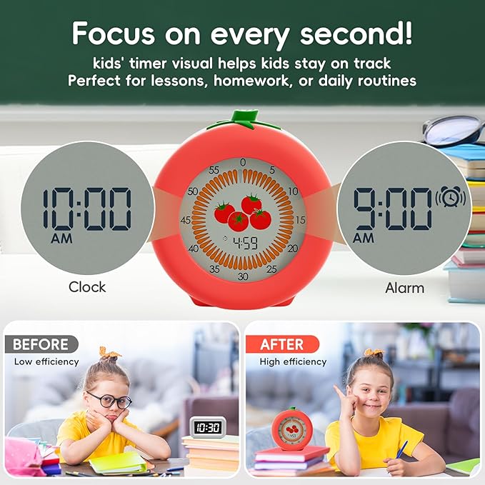 Tomato Visual Timer for Kids, 299-Minute Cute Kids Pomodoro Countdown Timer, ADHD Autism Toddler Support, Visual Timer for Classroom, Kitchen, Office Desk and Meetings