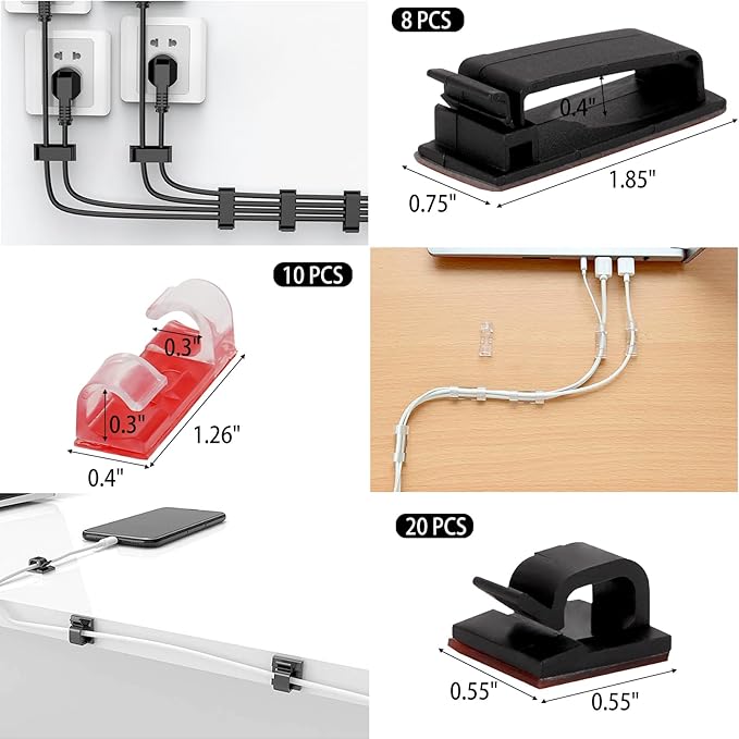 604 Pcs Cable Management Kit, 4 Cord Organizer Sleeve, 7 Cable Holder, 38 Adhesive Cord Clips, 40 Pcs+5 Roll Cable Organizer Straps 200 Cable Ties 300 Cable Wire Clips for PC TV Under Desk