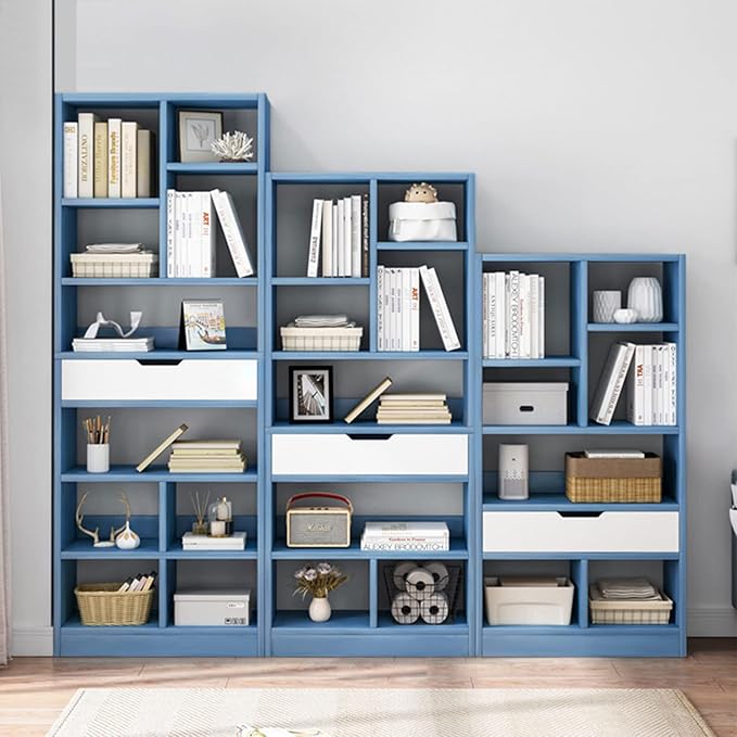 IOTXY Wooden Open Shelf Bookcase - 51" Height Freestanding Display Storage Cabinet Organizer with 7 Cubes and a Drawer, Floor Standing Bookshelf, Blue
