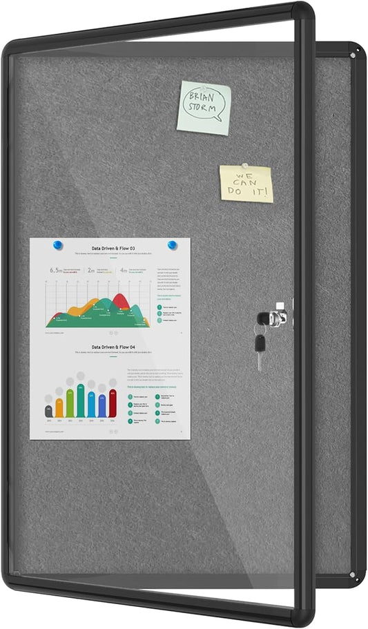 Mifuro 36"x24" Enclosed Bulletin Board, Lockable Weather-Resistant Aluminum Cork Noticeboard for School & Office, Black Frame w/Grey Flet