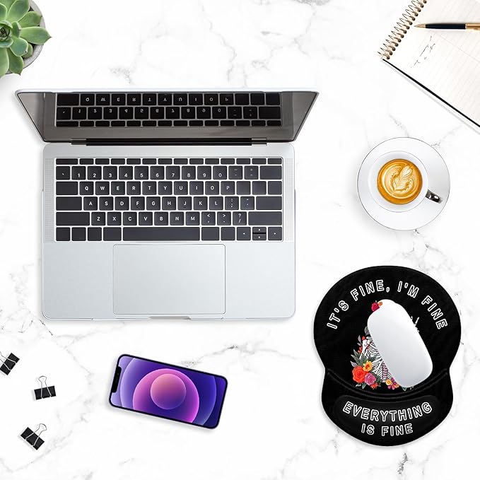 ITNRSIIET Ergonomic Mouse Pad with Gel Wrist Support Small Wrist Rest Smooth Surface Non-Slip PU Base Comfortable Office Supplies Pain Relief, 8.7 x 7.2 inches, Flower Skull