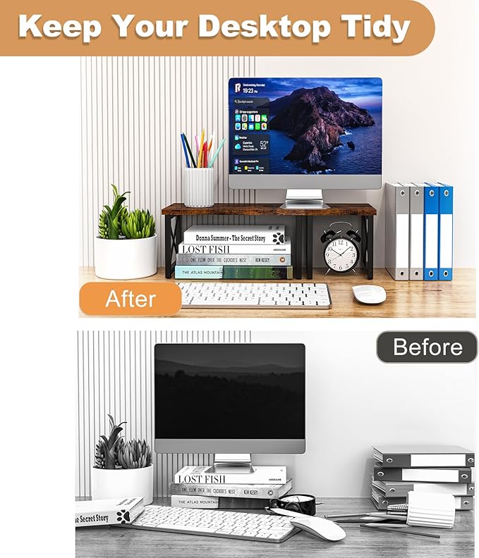 HavenlyYouth Desk Shelf, 2 Tier Wood Desktop Bookshelf, Adjustable Freestanding Stackable Desk Organizer, Desktop Shelf Organizer Storage Rack, Desk Display Rack for Office, Home, Rustic