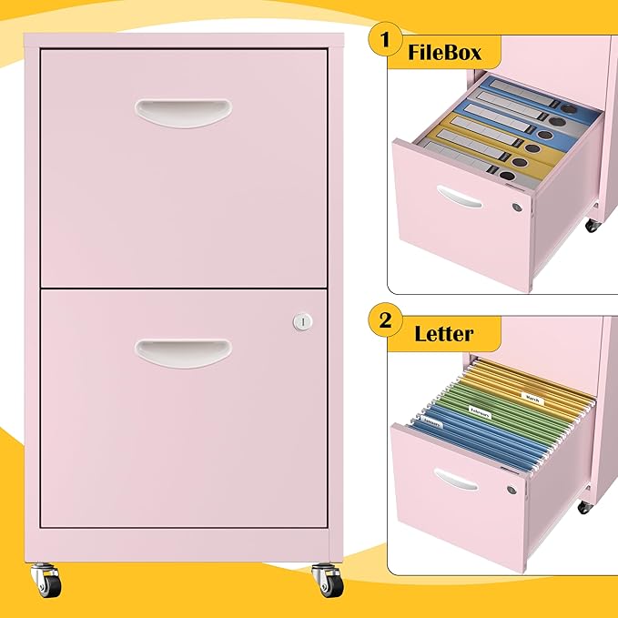 SteeLoong 2 Drawer File Cabinet with Lock，Pink Rolling File Cabinet for Home Office, Metal Small Mobile Filing Cabinets on Wheels for Hanging Letter
