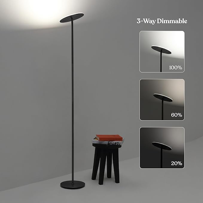 Brightech Sky LED Floor lamp, Torchiere Super Bright Floor Lamp for Living Room Decor & Office - Dimmable, Tall Standing Lamp with Warm Light for Bedroom & Reading - Bronze