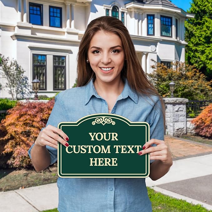 Custom Decorative Sign, Personalized Metal Sign for Business, Driveway, Home, Airbnb, Office Door Plaque, Green Background Sign 7x10 Inches, ACM, Fade Resistant, Made in USA by Sigo Signs