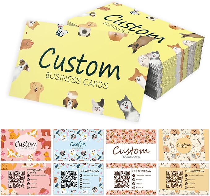 Custom Business Cards - Customizable Logo/Text/QR Code, 300gsm Matte Paper Front & Back Sides Printed, for Pet Shop, Dogs, Cats
