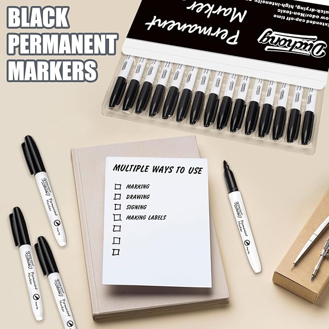 Duchong Black Permanent Markers, 30 Count Permanent Markers Bulk, Quick Drying Marker, Waterproof, Smooth, Durable, Works on Packing, Wood, Glass for Kids Adult Doodling, Marking