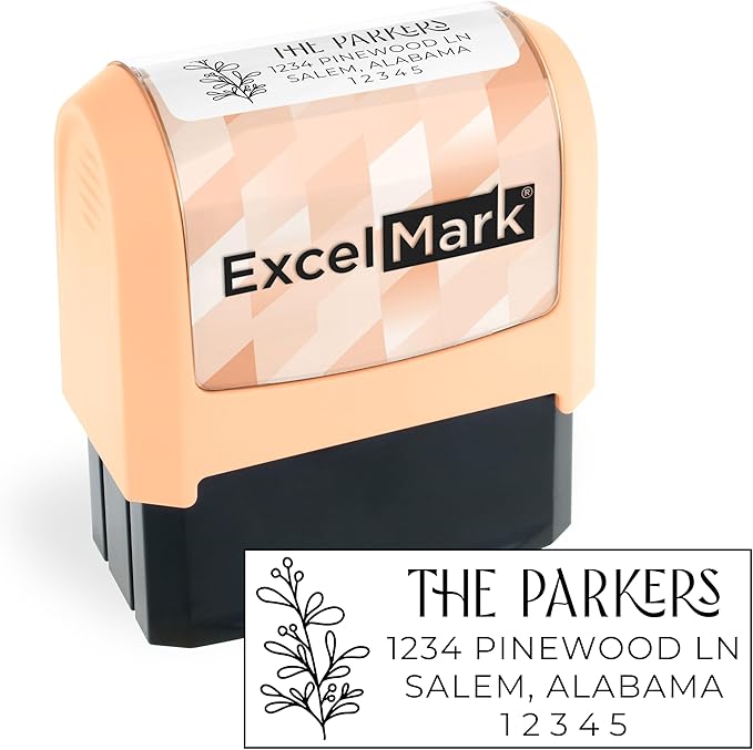 ExcelMark Address Stamp - Custom Return Address Stamp with Elegant Designs, Vibrant Colors & Patterns – Perfect for Mail, Invitations & Gifts (Peach Mount, Foliage Edge)