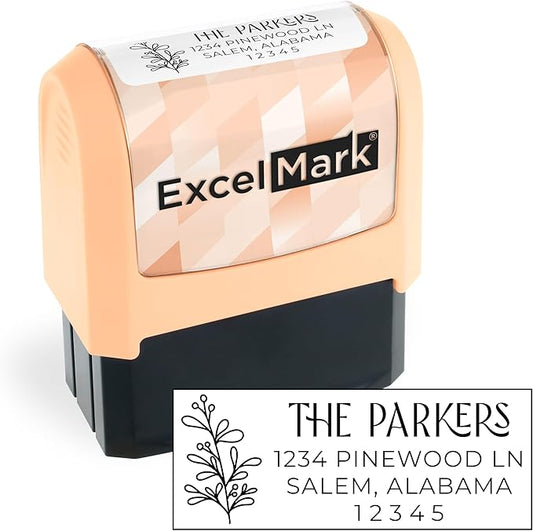ExcelMark Address Stamp - Custom Return Address Stamp with Elegant Designs, Vibrant Colors & Patterns – Perfect for Mail, Invitations & Gifts (Peach Mount, Foliage Edge)