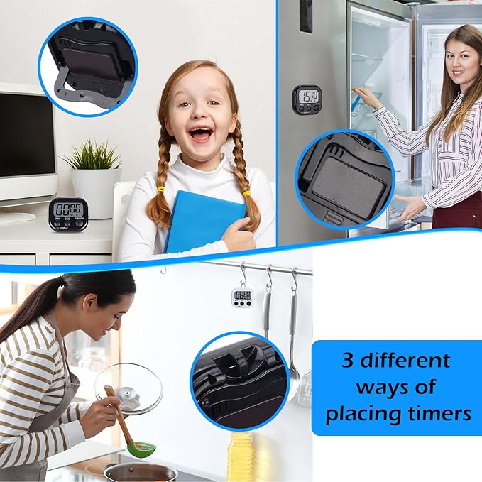 Leumoi 24 Pcs Digital Kitchen Timers Magnetic Back Timers Bulk Large Screen Loud Alarm On/Off Switch Minute Second Count up Countdown Memory Setting for Cooking Classroom Exercise (Black)