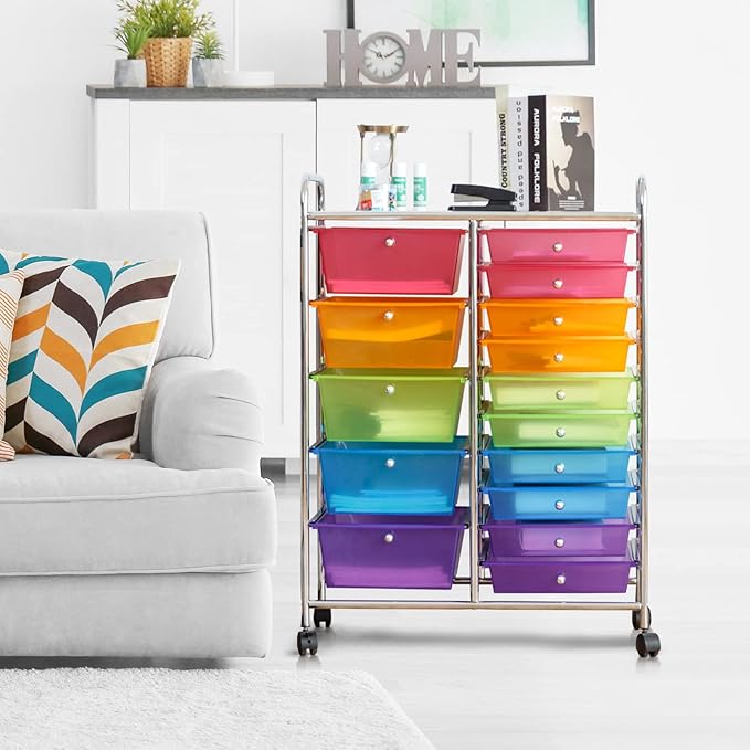 COSTWAY 15 Drawer Rolling Storage Cart, Multipurpose Mobile Storage Organizer w/Removable Drawers & Metal Frame, Utility Tools Paper Organizer on Wheels for Home, Office (Rainbow)