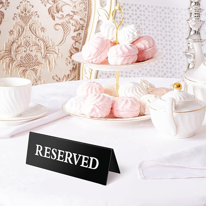 6 Pieces Table Top Reserved Sign Table Signs Reserved Seating Signs Double Sided Table Tent Sign for Wedding Restaurant Family Ceremony Events (White Words Black Background,7.8 x 2.75 Inches)