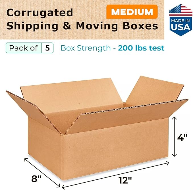 Medium Moving & Shipping Boxes 12 x 8 x 4 inches (5-Pack) - Extra Strength 200 lb vs Regular - Corrugated Boxes for Packaging for USPS - Shipping Box Medium - Cardboard Box by IDL Packaging