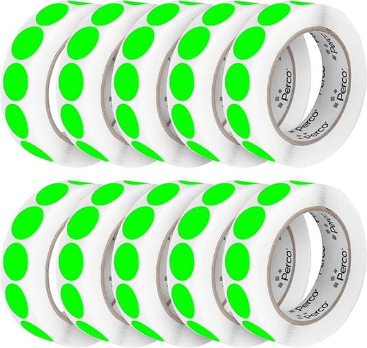 Perco Fluorescent Green 1-Inch Perforated Circle Dot Sticker Labels — 10 Rolls, 10,000 Round Stickers — with Permanent Adhesive for Inventory Management, Color Coding, Garage Sales, Crafts—Made in USA