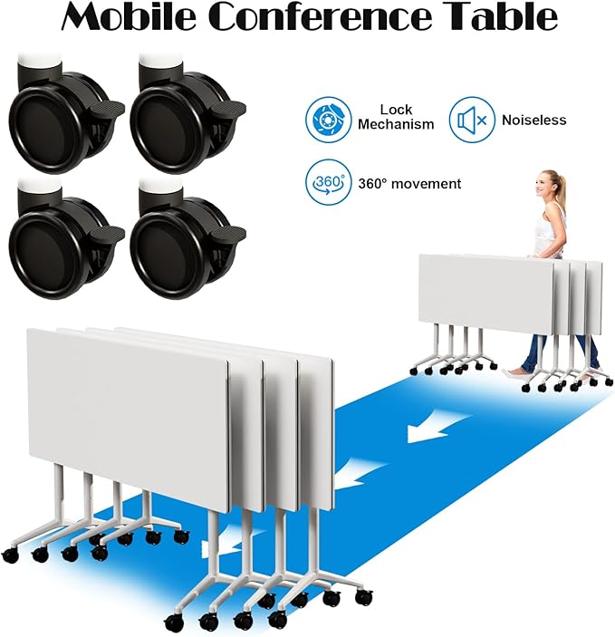 Conference Table Flip Top Mobile Conference Room Tables,Folding Conference Table with Wheels,Large Meeting Training Seminar Table Saving Space for Office Classroom (6, White, 55.1'')