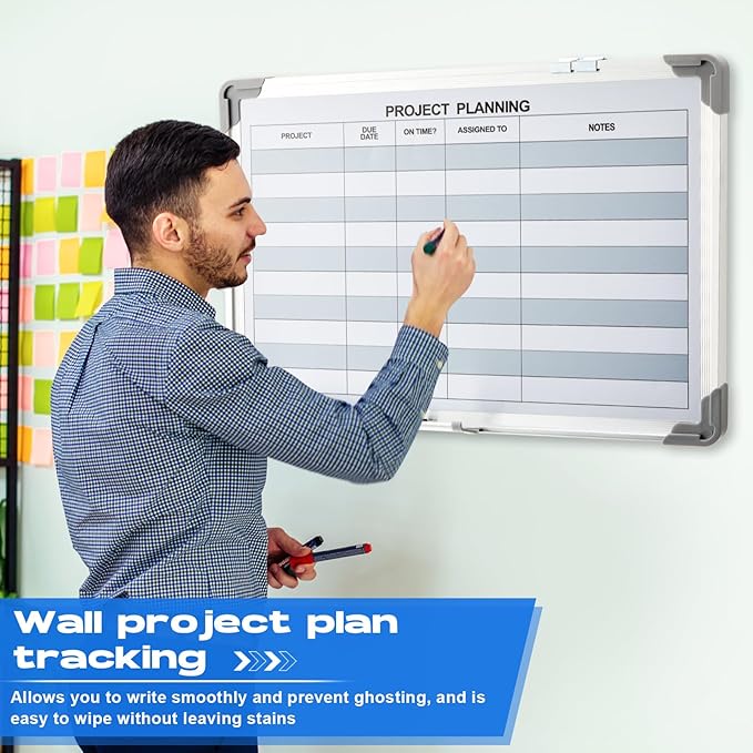 Lincia Project Planning Dry Erase Whiteboard Magnetic Dry Erase Board with Lines Sliding Marker Tray Aluminum Frame White Board Planner for Wall Project Scheduling Track Office Supplies(18"x12")