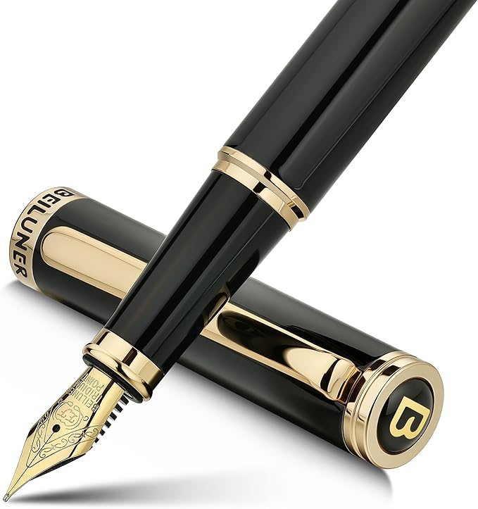 BEILUNER Black Fountain Pen,Stunning Luxury Pens with 24K Gold Accents, Gorgeous 24K Gilded Nib(Extra Fine), Fancy Pen Gift for Men&Women -Ink Converter-Elegant, Reliable,Christmas Presents, Nice Pen