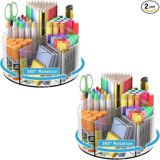 Acrylic Desk Organizer Clear Pen Holder 2 Packs, 360 Degree Pencil Holder for Desk Kids, Rotating Lazy Susan Organizer for School Supplies, Marker Holder Art Supply Storage Organizer with Dividers