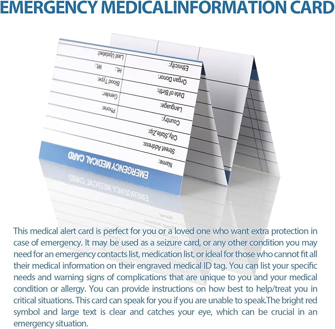 4 Pack Emergency Medical Information Id Card Red Medical Condition and Emergency Contact Id Wallet Card Medical Alert Wallet Card Pocket Size Medication List and Medical Cards for Caretakers (Blue)