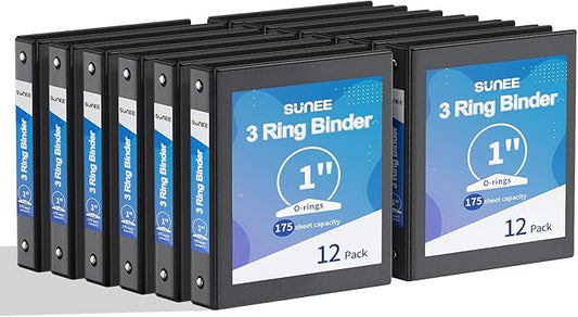 SUNEE 3 Ring Binders 1 Inch 12 Pack, Clear View Three Ring PVC-Free (Fit 8.5x11 Inches) for School or Office Supplies, Black