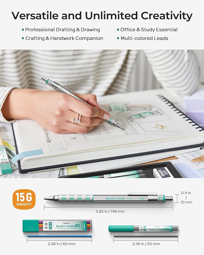 Nicpro Blocky Gear 2.0 mm Mechanical Pencils Set in Case, Metal Pencil with 6 Tubes 2mm Lead Refill (HB 2B 2H 4B 4H & Colors) Sharpeners, Eraser for Professional & Adult Art Writing Drafting Drawing