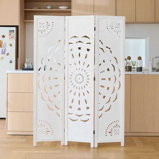 66.9Inch Wooden Room Partition - 3 Panels Boho-Styled Space Room Divider for Home/Office, Headboard & Yoga/Photo/Video Call Backdrop (White)